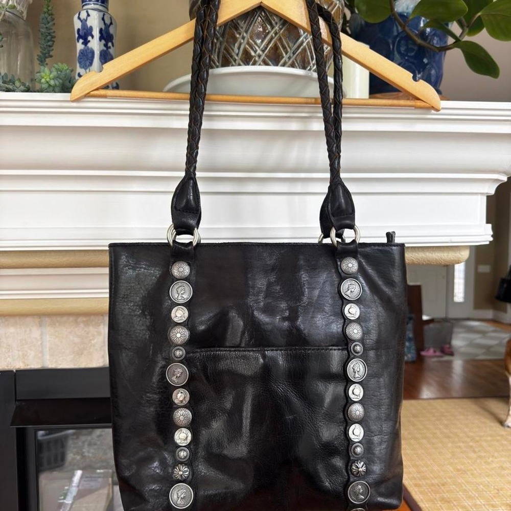 Patricia Nash Renaissance black leather tote silver tone coins braided strap - Picture 1 of 8
